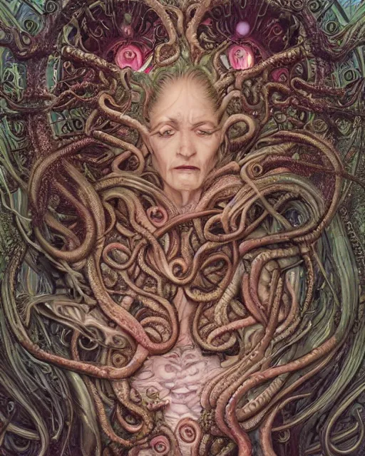 Image similar to centered horific detailed front view portrait of a crazy old woman with ornate tentacles growing around, ornamentation, flowers, elegant, beautifully soft lit, full frame, by wayne barlowe, peter mohrbacher, kelly mckernan, h r giger