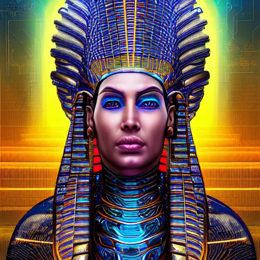 Prompt: a hyper realistic wide angle view of an Ancient Egyptian cyberpunk goddess, by Alex Grey, dark rainbow, fractalism, motherboard circuitry, surrealism, high definition, photorealism, bokeh