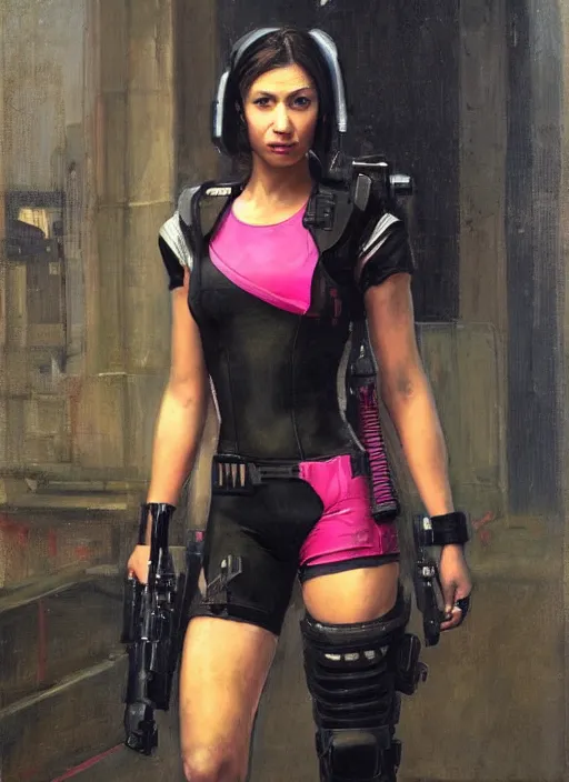 Image similar to Nikki tanaka. beautiful cyberpunk female USN marine wearing a military vest and a black and pink tactical jumpsuit (cyberpunk 2077, bladerunner 2049). gorgeous face. Iranian orientalist portrait by john william waterhouse and Edwin Longsden Long and Theodore Ralli and Nasreddine Dinet, oil on canvas. Cinematic, hyper realism, realistic proportions, dramatic lighting, high detail 4k