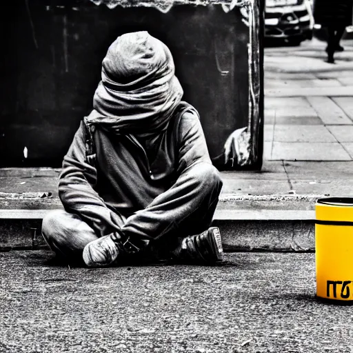 Image similar to candid photo of a real-life minion living homeless on the street, beautiful photography, detailed portrait shot, 35mm, lens, sony a7z, moody, sad, flickr, hyper realistic, real life, 4k, UHD