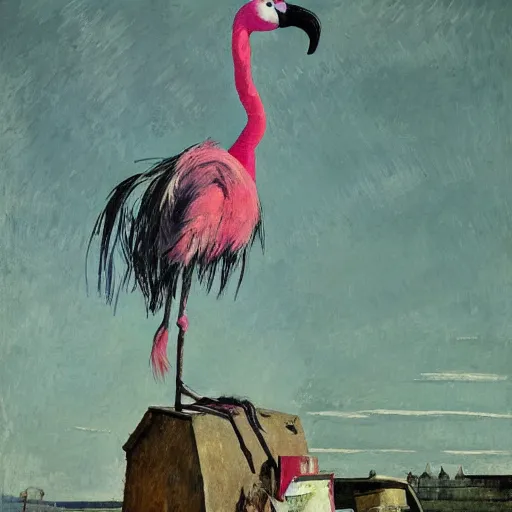 Image similar to shredded physique feathered tall neck beak Portrait of Samuel Beckett camouflaged as Flamingo whilst wearing a pink tuxedo Standing atop a Garbage Truck Greg Rutkowski Eric Ravilious Paul Cezanne Andrew Wyeth Jamie Wyeth