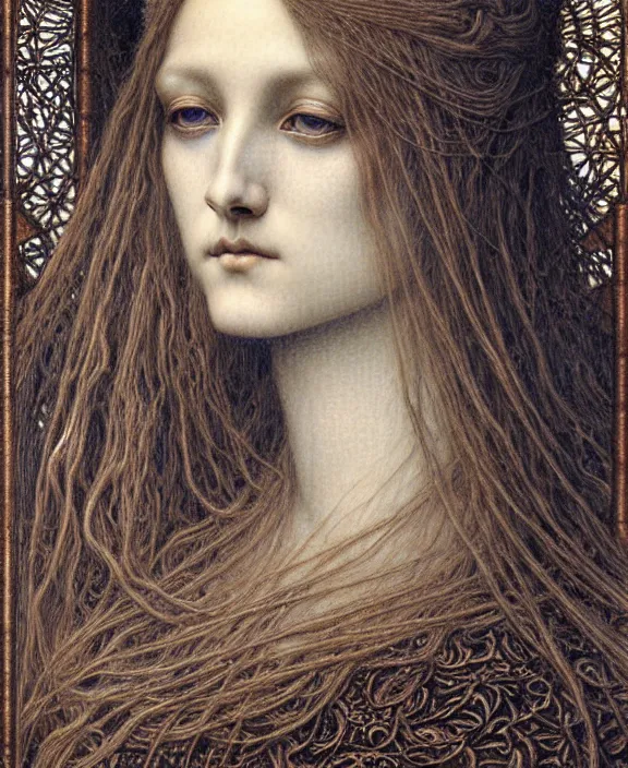 Image similar to detailed realistic beautiful young medieval queen face portrait by jean delville, gustave dore and marco mazzoni, art nouveau, symbolist, visionary, gothic, pre - raphaelite. horizontal symmetry