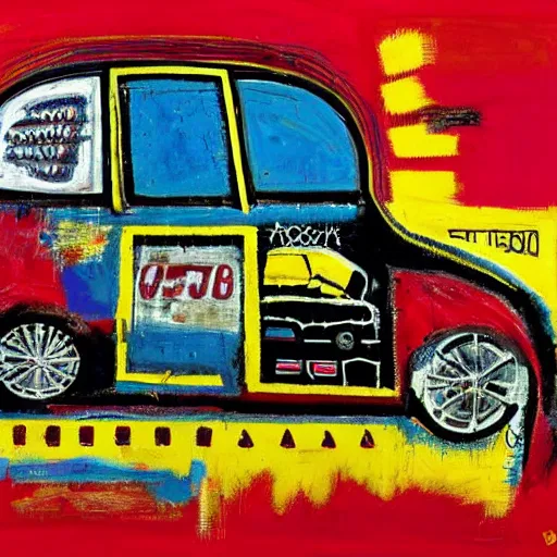 Image similar to pt cruiser on a racetrack, basquiat