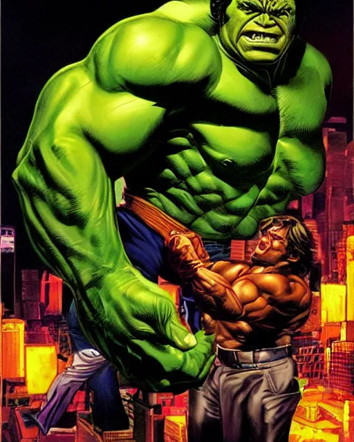 Image similar to a portrait of the incredible hulk looking angry in new york city by joe jusko. dramatic lighting.