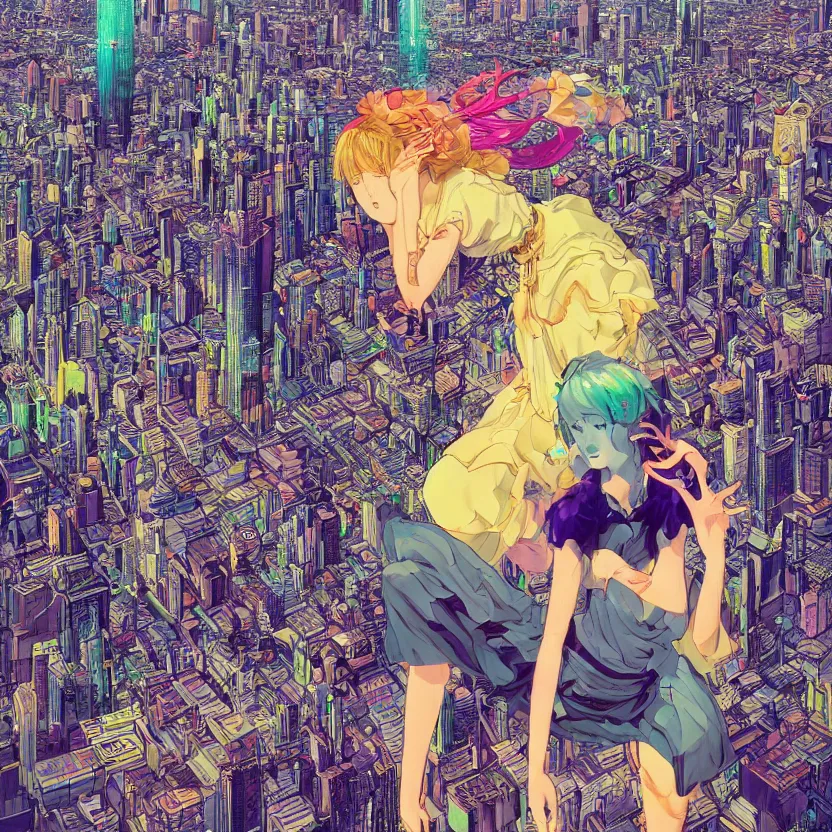 Prompt: a very detailed art of a goddess above a city by inio asano, beeple and james jean, hiroyuki takahashi color scheme, digital art, 4 k, trending on artstation