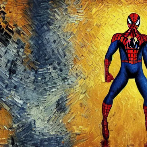 Prompt: The Amazing Spider-Man in the style of Vincent Van Gogh, masterpiece digital painting, 4k wallpaper, intricate detail, beautiful, gorgeous, stunning, artstation