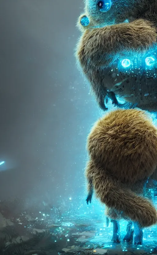 Image similar to microscopic tardigrades, magical forest, water bear, robots, electric, furry, soft, concept art, intricate details, highly detailed, photorealistic, disney pixar, octane render, iridescent, anime, 8 k