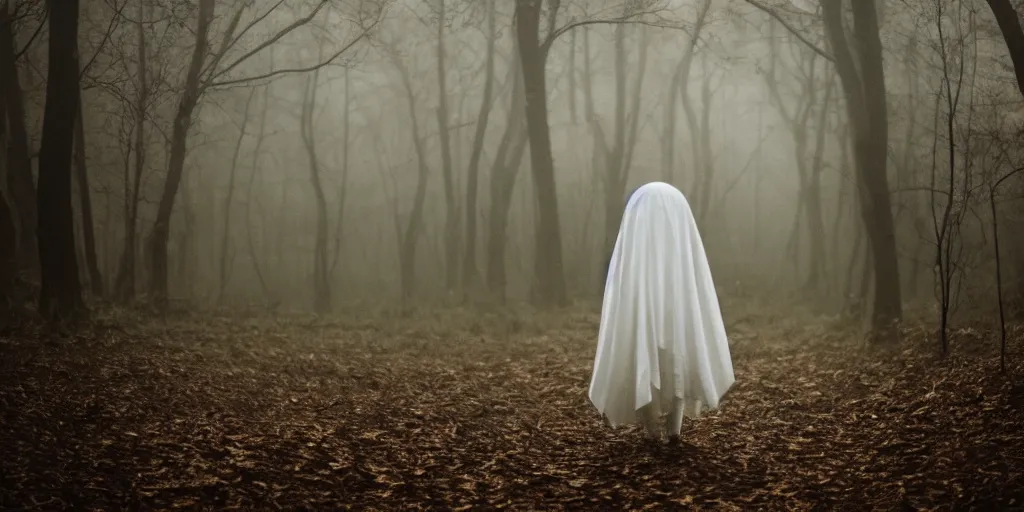 Prompt: a white female ghost in a forest, 35mm, cinematic atmosphere, mist, photorealistic, depth of field, gloomy