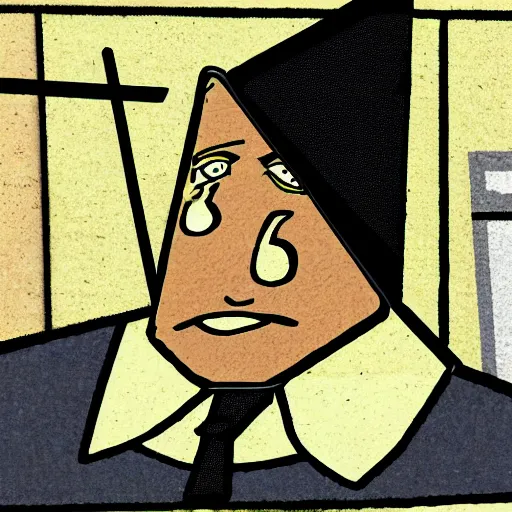 Prompt: Triangle Head at his boring office job