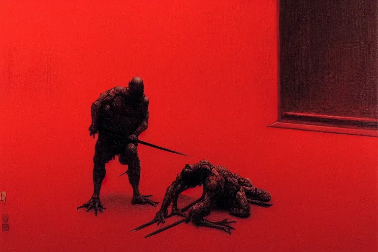 Image similar to only with red, a red samurai do seppuku, tokio, a lot of frogs watch, in the style of beksinski, parts by edward hopper, parts by rodcenko, parts by yue minjun, intricate and epic composition, red by caravaggio, insanely quality, highly detailed, masterpiece, red light, artstation, 4 k