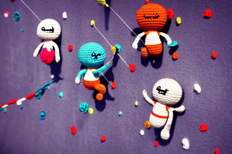 Image similar to a group of three crochet cute astronauts climbing a yarn wall. cute, illustration, digital art, inspired by little big planet, by greg rutkowski, detailed, sharp, masterpiece, highly detailed, photorealistic, octane render, 8 k, unreal engine 5, trending on artstation, vivid colors