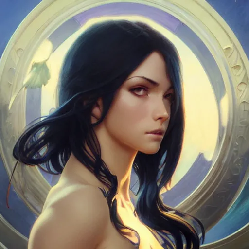 Image similar to highly detailed vfx portrait of nico robin, greg rutkowski, loish, rhads, makoto shinkai, tom bagshaw, alphonse mucha, sharp focus, art by artgerm and greg rutkowski, backlit, harsh overhead sunlight, blue eyes,