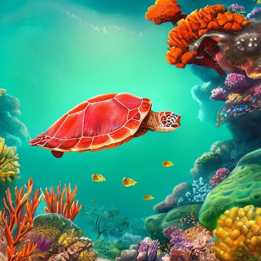 Prompt: a beautiful stunning fantasy whimsical matte digital illustration of a light-green sea turtle swimming over an red-orange coral reef through blue-violet waters, triadic color palette, painted in the style of National Geographic, trending on artstation hq