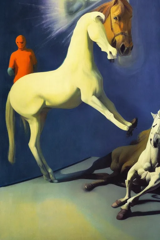 Image similar to a horse sits on a lying astronaut, hauntingly surreal, highly detailed painting by francis bacon, edward hopper, adrian ghenie, gerhard richter, and james jean soft light 4 k,