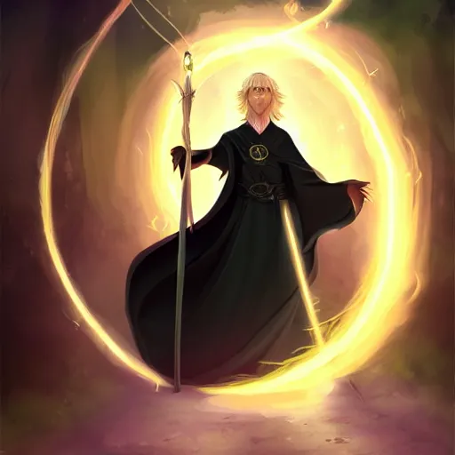 Image similar to Young, handsome wizard with a blonde ponytail wearing exquisite black robes, a spider cloak and wielding a legendary staff of light. Magic flux. High fantasy, digital painting, HD, 4k, detailed.