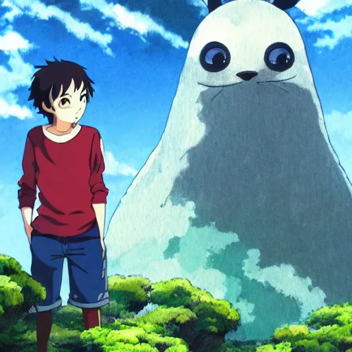 Image similar to friendly guy and small creature , with Fragile looking character portrait face made by Studio Ghibli highly detailed art, beautiful scene, sharp focus, smooth, 8k, anime art, wild, dark, fantasy, peaceful, colorful, clear