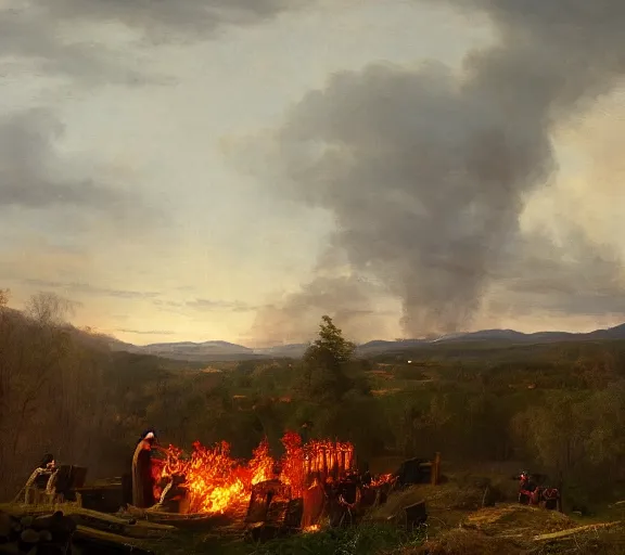 Image similar to landscape portrait of a an immense funeral pyre, with tyler childers throwing dollar bills onto it, by william sidney mount, trending on artstation