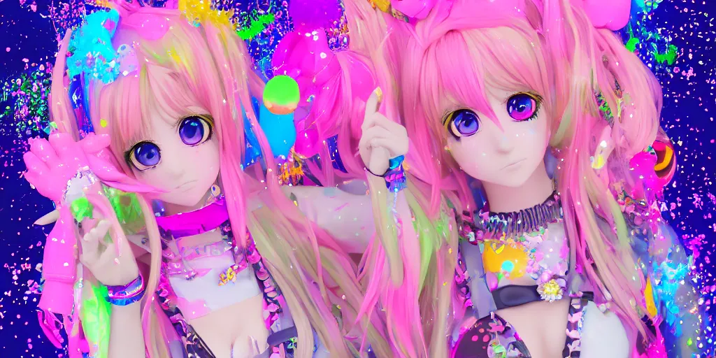 Image similar to 3 d anime decora gyaru kawaii angel jester fashion model, v tuber, pastel cybergoth, anime best girl, slime and glitter glue with glitch and scribble effects, psychedelic colors, 3 d render octane, by wlop, wenjr, beeple, artstation, imaginefx