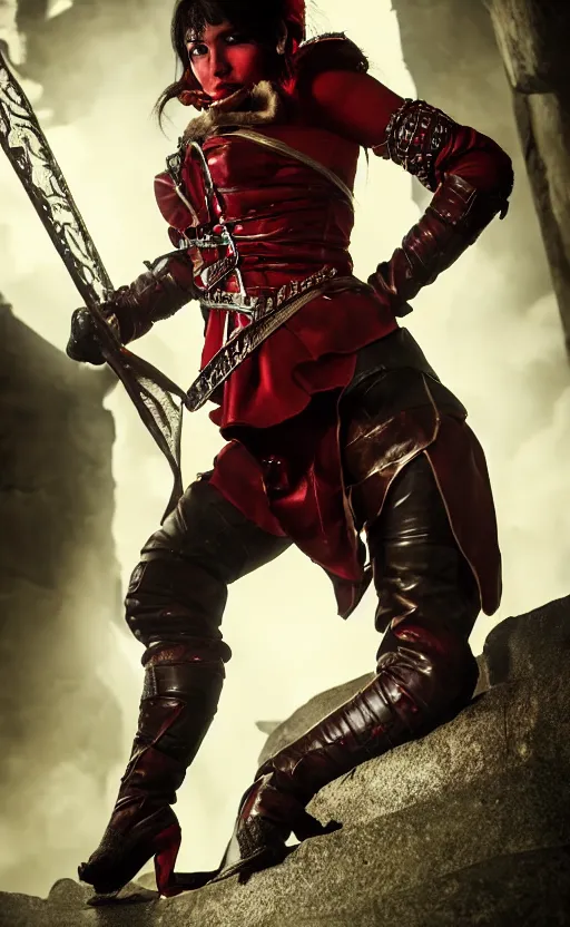 Image similar to epic fantasy action shot of a d & d female halfling rogue, black hair, red leather corset, cinematic, beautiful lighting, heroic