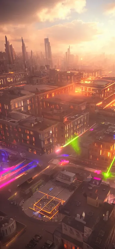 Image similar to unreal engine 5 render of a happy city during the day with lasers coming out of the clouds, digital art ”