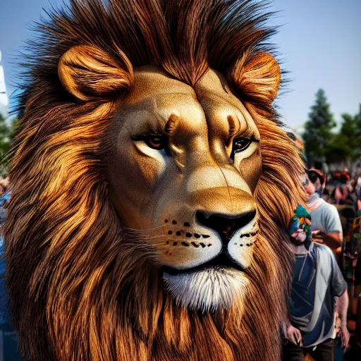 Prompt: anthropomorphic scene of lion at a street protest, exquisite detail lion in hippie clothes, Streetwear, hippie fashion, protest movement, trending on artstation, incredible detail, Graeme Base, 8k detail, gi, global illumination, physically based rendering, photoreal, small details, intricate complexity