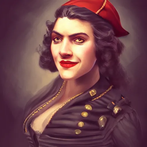 Image similar to smiling, teasing, beautiful, intelligent female pirate captain 2 8 years old, 1 9 4 0 s haircut, fully clothed, wise, beautiful, 1 7 5 0 s oil painting, dramatic lighting, trending on artstation, sharp focus