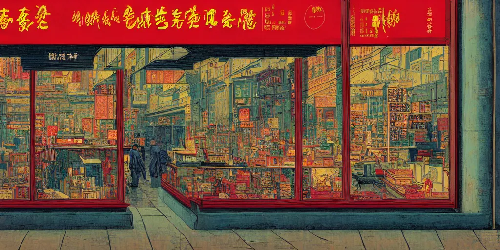 Image similar to a shop window in hong kong, by dan mumford and peter doig and edward hopper, minimal, black in, thick lines highly detailed, muted colours, overlaid with chinese adverts, 8 k