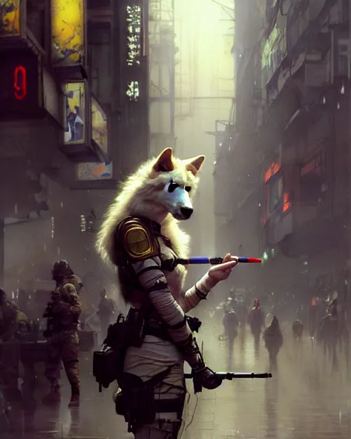 Image similar to beautiful portrait of an attractive white anthro wolf female soldier smoking a cigarette in a bustling crowd of a rainy city street, cyberpunk, wearing tactical gear, female fursona, 4 k, trending on artstation, by gaston bussiere, craig mullins, artgerm, greg rutkowski, alphonse mucha