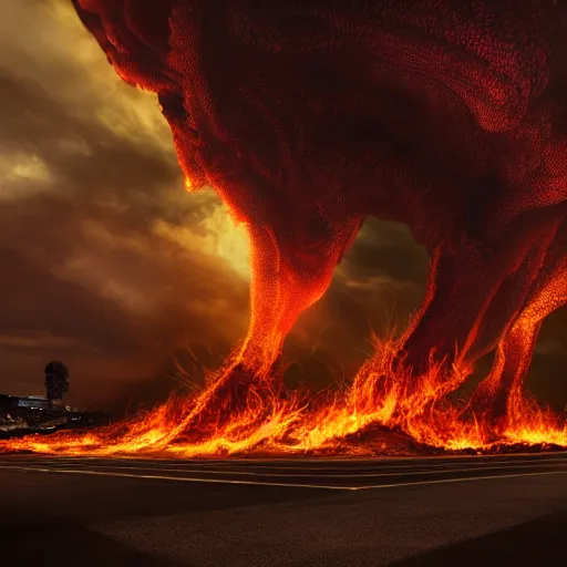 Image similar to photo of a giant fire tornado monster downtown, highly detailed, gettyimages, cinematic lighting, 4 k hd photo, trending on artstation, hyper realistic rendering photography, ultra wide angle, long shot, 8 k