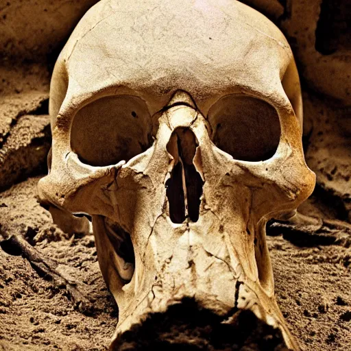 Prompt: Palaeontologists discover giant human skull, partly buried. Award winning photography, National Geographic.