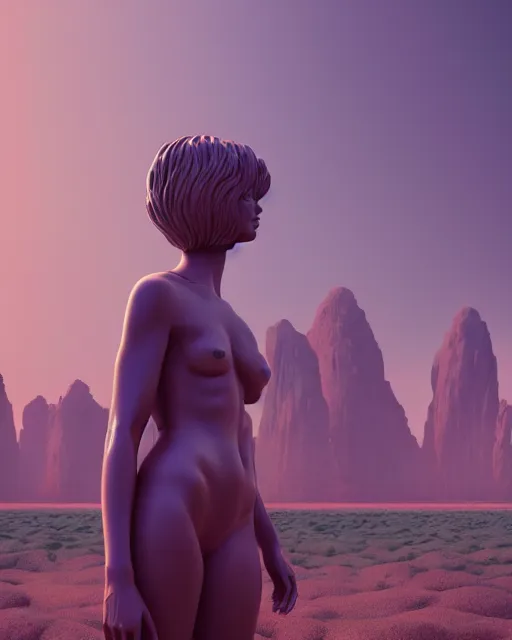 Image similar to a cgsociety render of a foreground woman standing in front of a background huge statue, a screenshot by stanley twardowicz, cgsociety, aestheticism, aesthetic, vaporwave, anime aesthetic