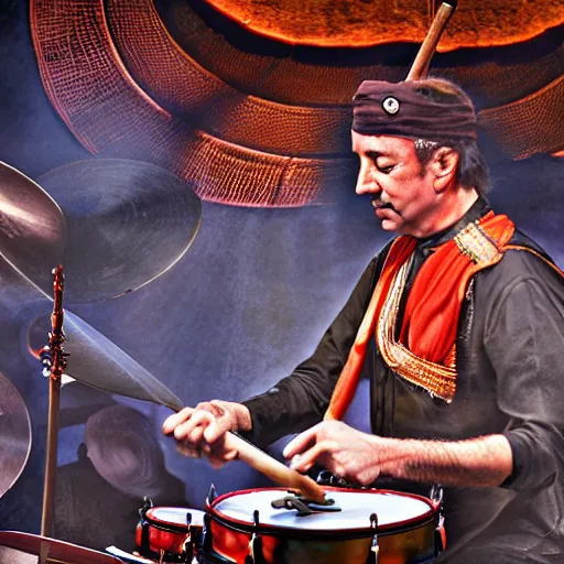 Prompt: arabian Neil Peart playing drums, highly detailed, realistic, soft lighting, wide angle