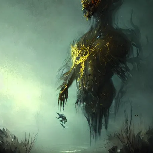Prompt: a beautiful terrifying monster made out of crystal and gold. ethereal horror fantasy art by greg rutkowski