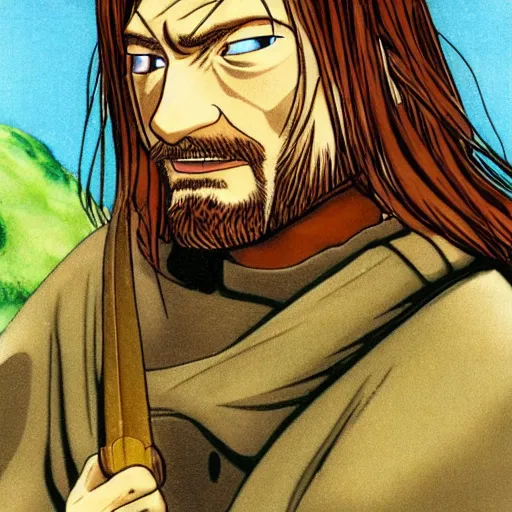 Image similar to boromir from the anime lord of the rings (1986), ginger hair, looking serious, some beard, studio ghibli, very detailed, realistic