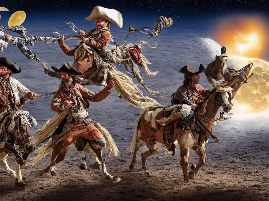 Image similar to cowboys and pirates fighting on the moon, cowboys have horses, pirates have cannons, High Definition detail, 8K, photograph