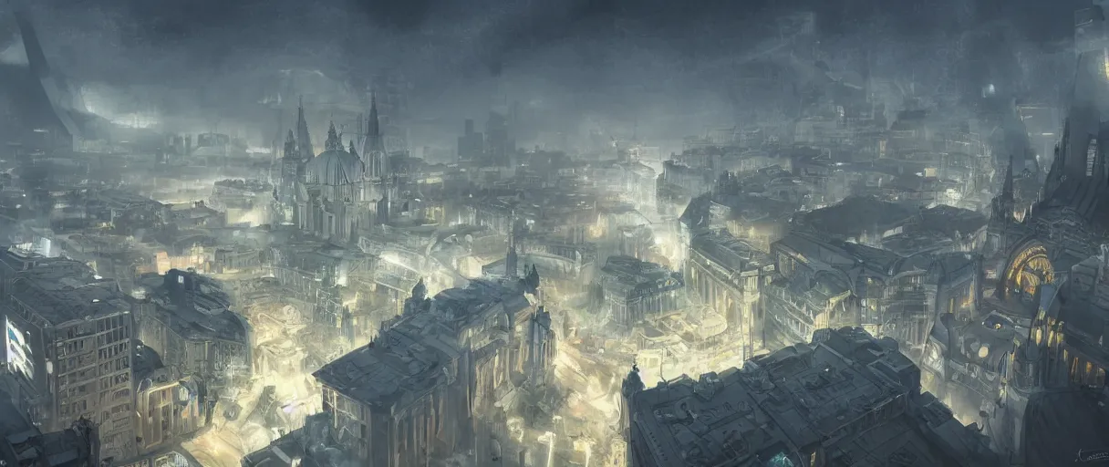 Image similar to futuristic nazi german city, Berlin cathedral, concept art, digital painting, style of jordan grimmer, futuristic, volumetric lighting, view from above, symmetrical