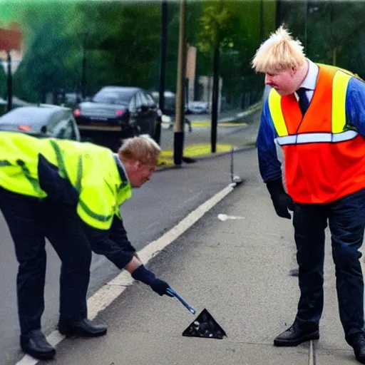 Image similar to An oil painting of Boris Johnson doing community service in a high vis vest, he is picking litter on a British street