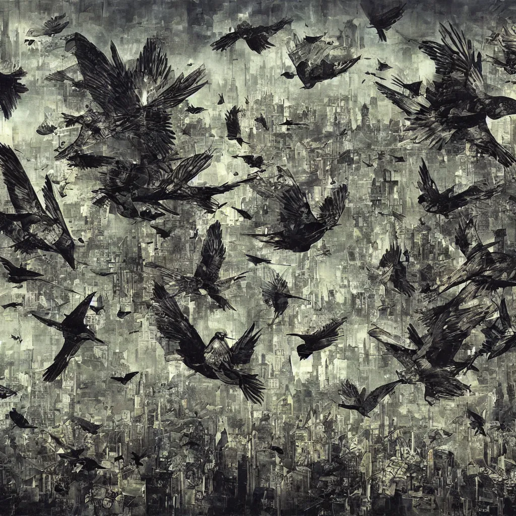 Image similar to digital birds fly over a progressively rasterized city into virtuality, oil on canvas by dave mckean and ivan shishkin