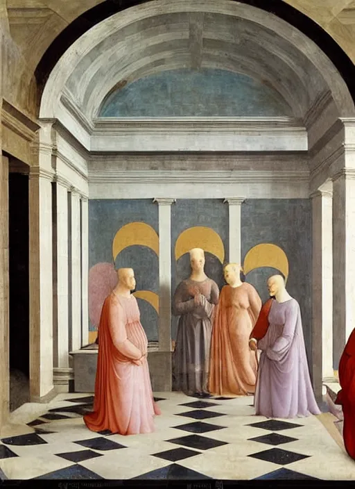 Prompt: renaissance sharp painting of a ethereal room with pastel colors room in central perspective, checkered floor and bright colors in the style of piero della francesca