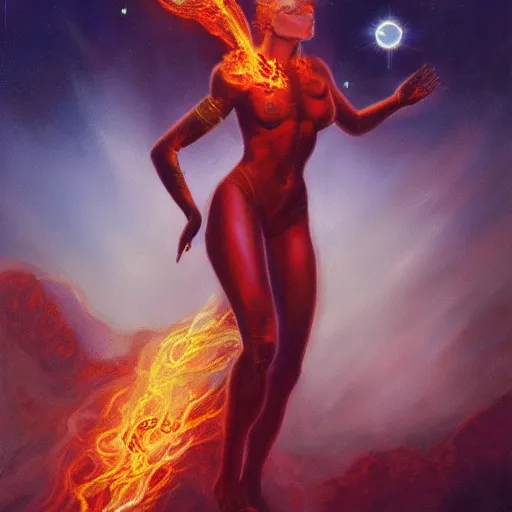 Prompt: A beautiful painting of a female cosmic being with flames as her body by Jim Burns, 8K, ultra-detailed , Trending on artstation.