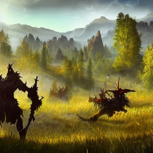 Image similar to a battle between two fantasy armies in a magical landscape with a meadow in the foreground, a forest in the background and a mountain on the horizon, realistic, detailed, cinematic light, art by unreal engine 5 art