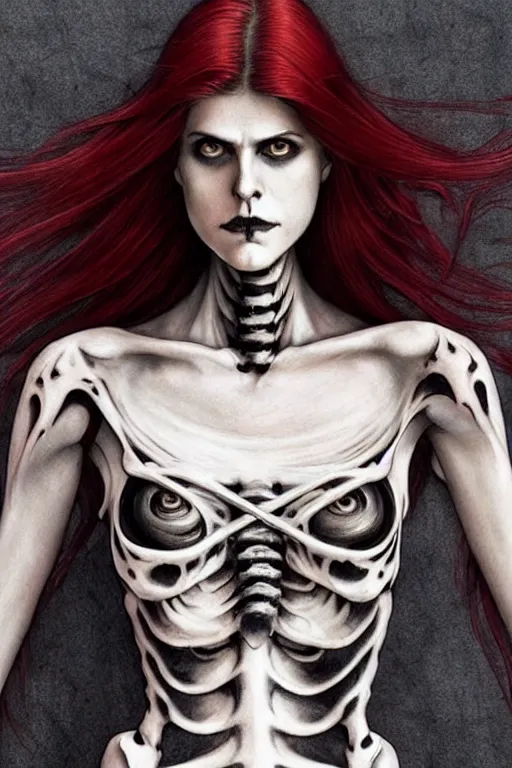 Prompt: skeleton black bones full body tattoo!!, covered with blood, alexandra daddario face!!, long red hair, beautiful blue eyes, ultra realistic, concept art, intricate details, highly detailed, photorealistic, octane render, 8 k, unreal engine. retro film still, heavy grain, 3 5 mm, art by artgerm and greg rutkowski and alphonse mucha