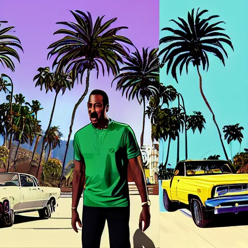 Image similar to Eddie Murphy in GTA V. Los Santos in the background, palm trees. In the art style of Stephen Bliss