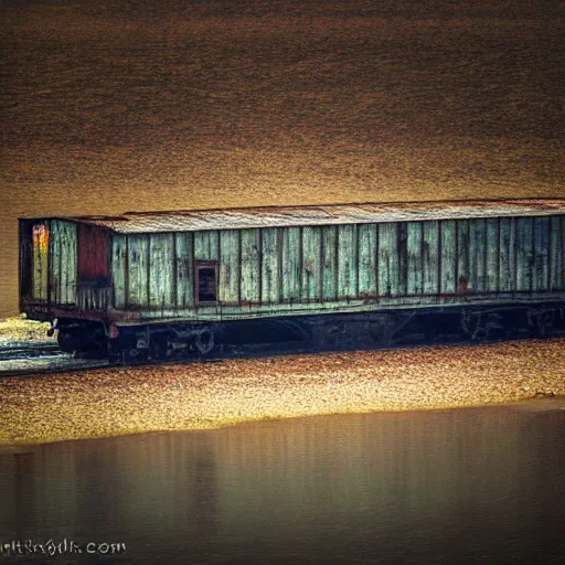 Image similar to moody boxcar, aquatic, impressionist, low light, dystopian