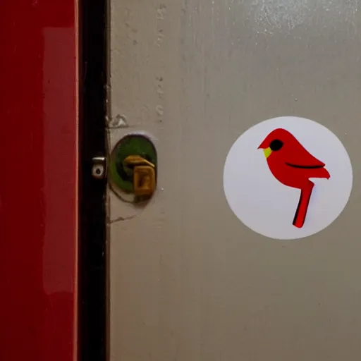 Image similar to A door inside a french college building with a sticker on it of the Red Bird Studios logo, the door is slightly opened with a pair of eyes peeking through the gap