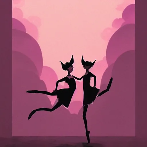 Image similar to a beautiful highly detailed matte painting of black devil ballerinas dancing on stage by atay ghailan, cliff chiang, loish and goro fujita, black, white and pink mystical tones, featured on artstation, featured on behance, grunge aesthetic, spooky