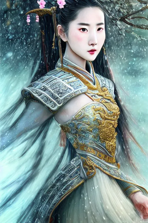 Prompt: beautiful ancient fantasy portrait of wuxia armored heroine, Liu Yifei, Zhao Lu Si wearing like Xian Xia wardrobe, in forbidden City, hybrid from Dynasty Warriror, flowers sea rainning everywhere, intricate, very very beautiful, elegant, highly detailed, digital painting, beautiful glowing galaxy eyes, human anatomy, hyperrealistic, soft light, dynamic, artstation, fantasy concept art, smooth, sharp focus, illustration, art by alphonse mucha and WLOP and tian zi