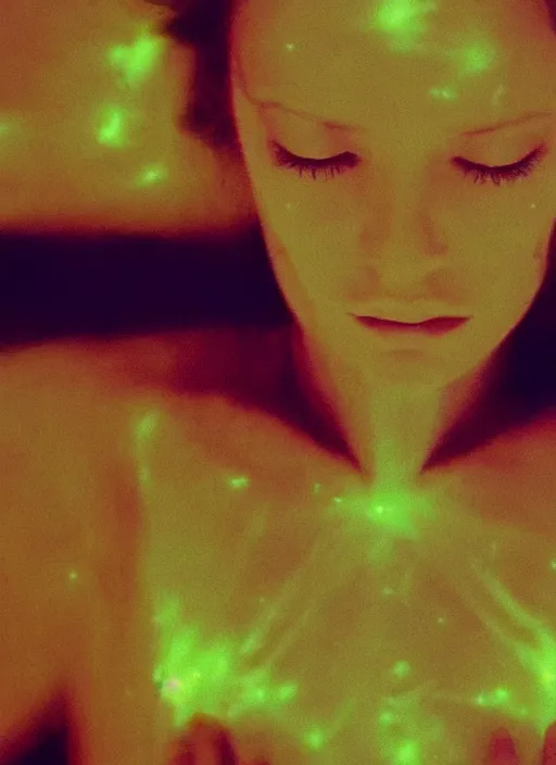 Image similar to a symmetrical female astral projection, liquid glowing aura, heavenly, film grain, cinematic lighting, experimental film, shot on 1 6 mm