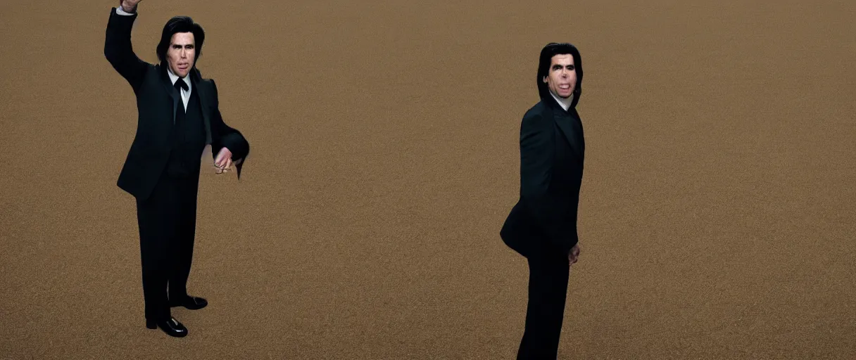 Image similar to accidentally wes anderson award - john travolta as vincent vega suprised gesture nobody there ghost town tumbleweed bushes on ground shrugging hand at waist level. standing in black suit golden ratio, fibonacci composition, 4 k, detailed, art by greg rutkowsky, trending on artstation, cinematic lighting, filmic grain, golden hour, detailed, 4 k