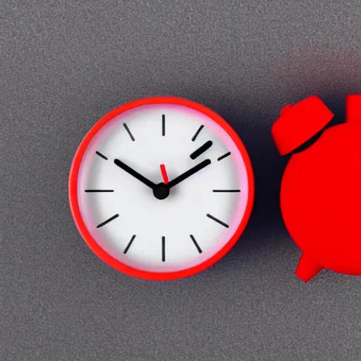 Image similar to Very tiny red alarm clock that looks like the iOS emoji and has the same colors, 3D clay render, 4k UHD, white background, isometric top down left view, diffuse lighting, zoomed out very far